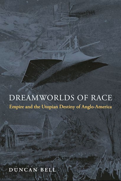 Book cover showing futuristic flying machine in the sky with a revolt of people on the ground.