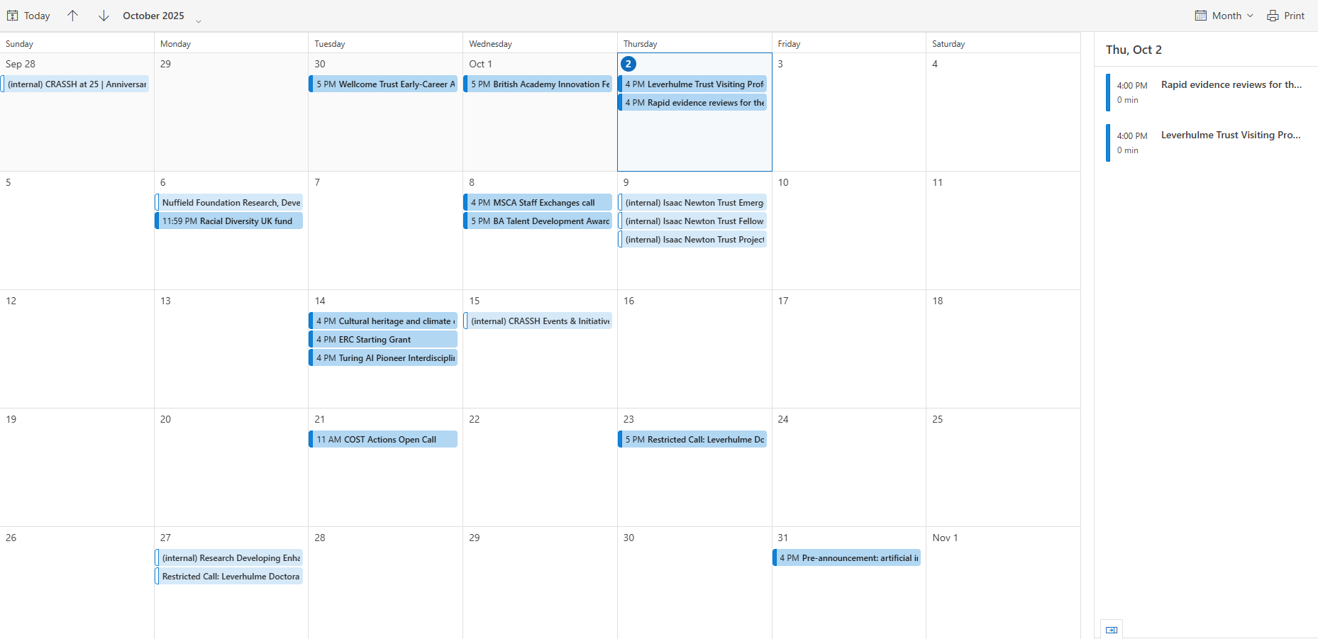 Calendar populated with funding deadlines