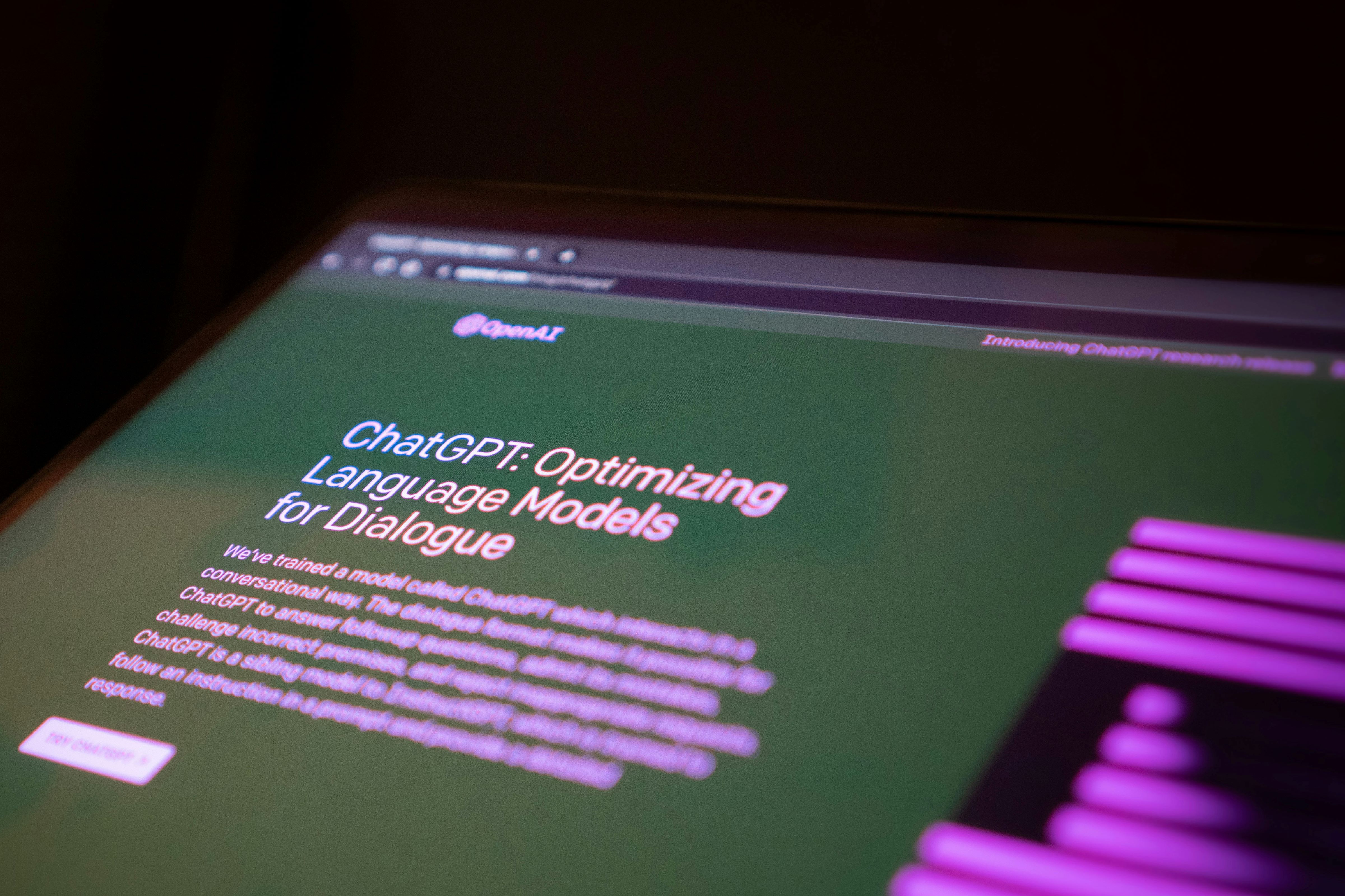The landing page of ChatGPT, a Large Language Model AI that generates text based on prompts.