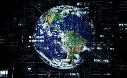 A visualisation of how technology such as data and satellite imagery is rewriting how we see our planet. Statistics encircle Earth, reading all manner of information about its conditions.
