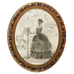 A Victorian woman stands at a podium with a book. A small audience of three people on the bottom left.