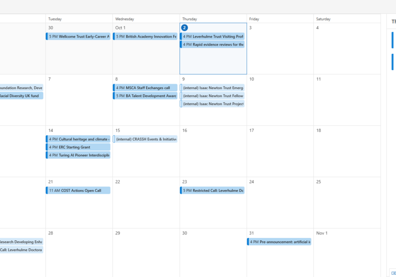 Calendar populated with funding deadlines
