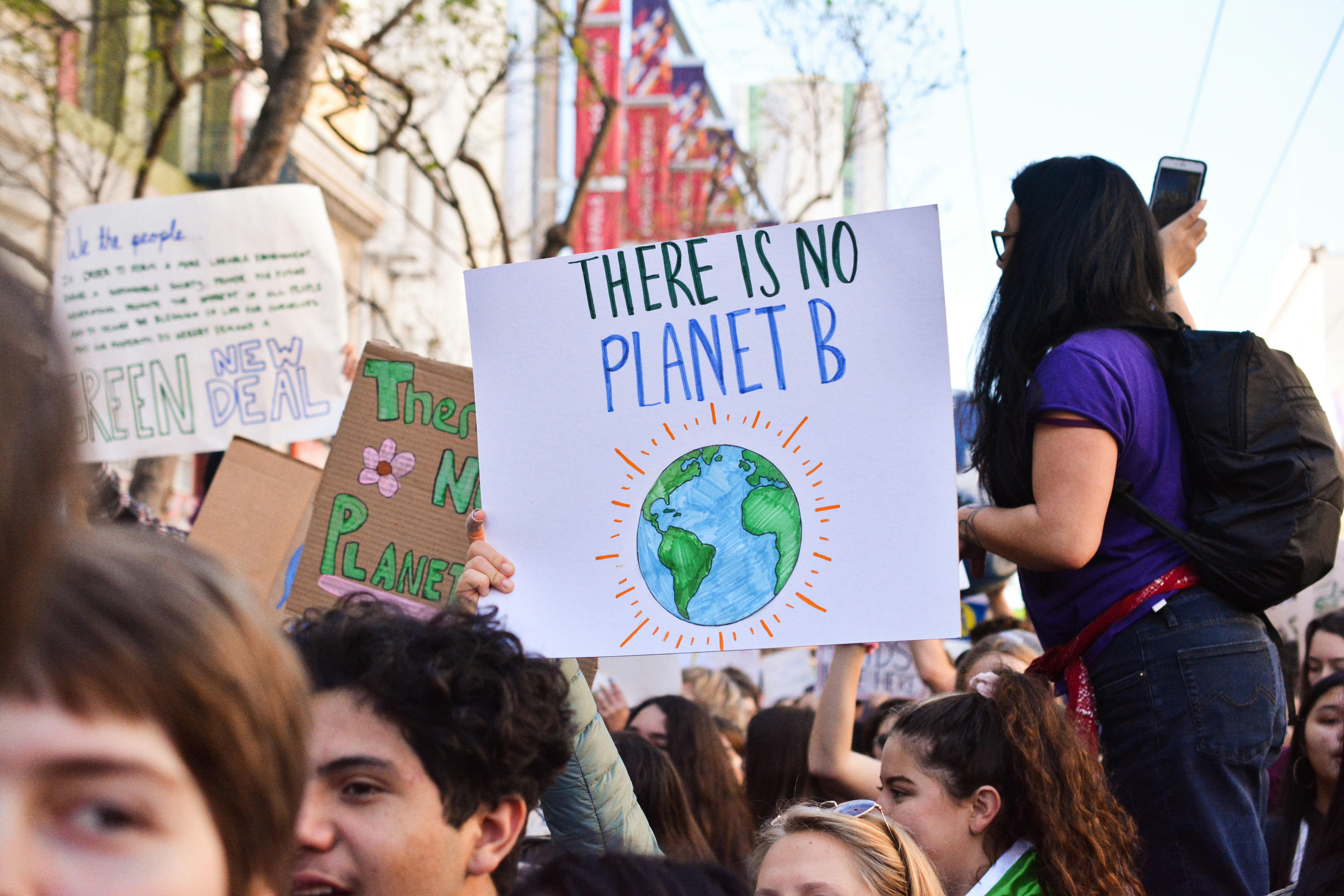 Group of young people protesting with signs. One sign says "There is no planet B"