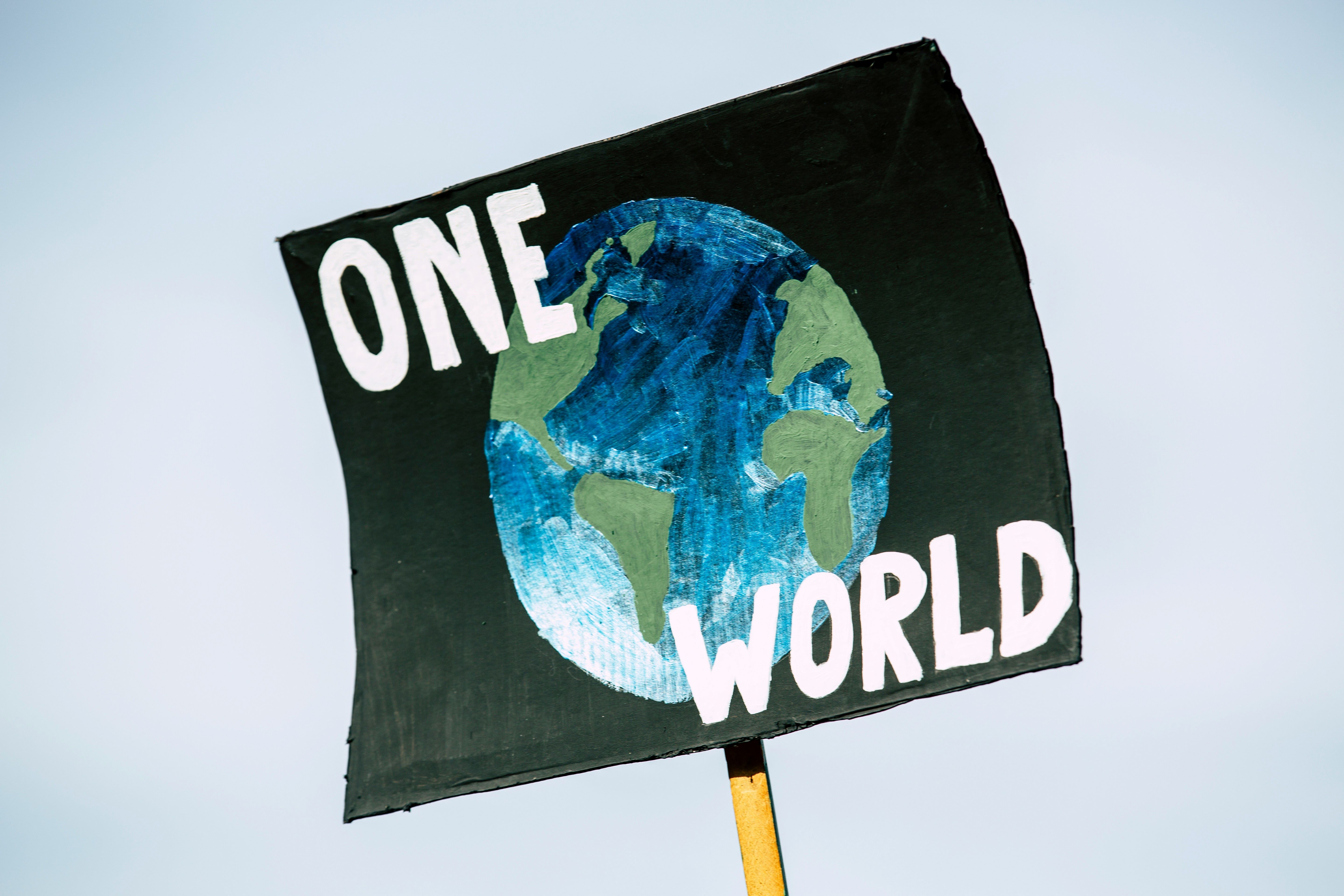 A placard at a climate protest reading 'One World', demanding social and economic justice alongside environmental justice.